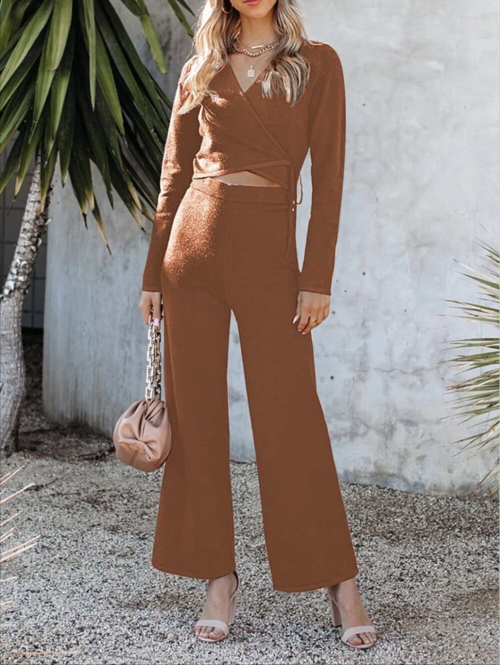 Women's Brown Wrap Crop Top & Wide-Leg Pants Set Size M